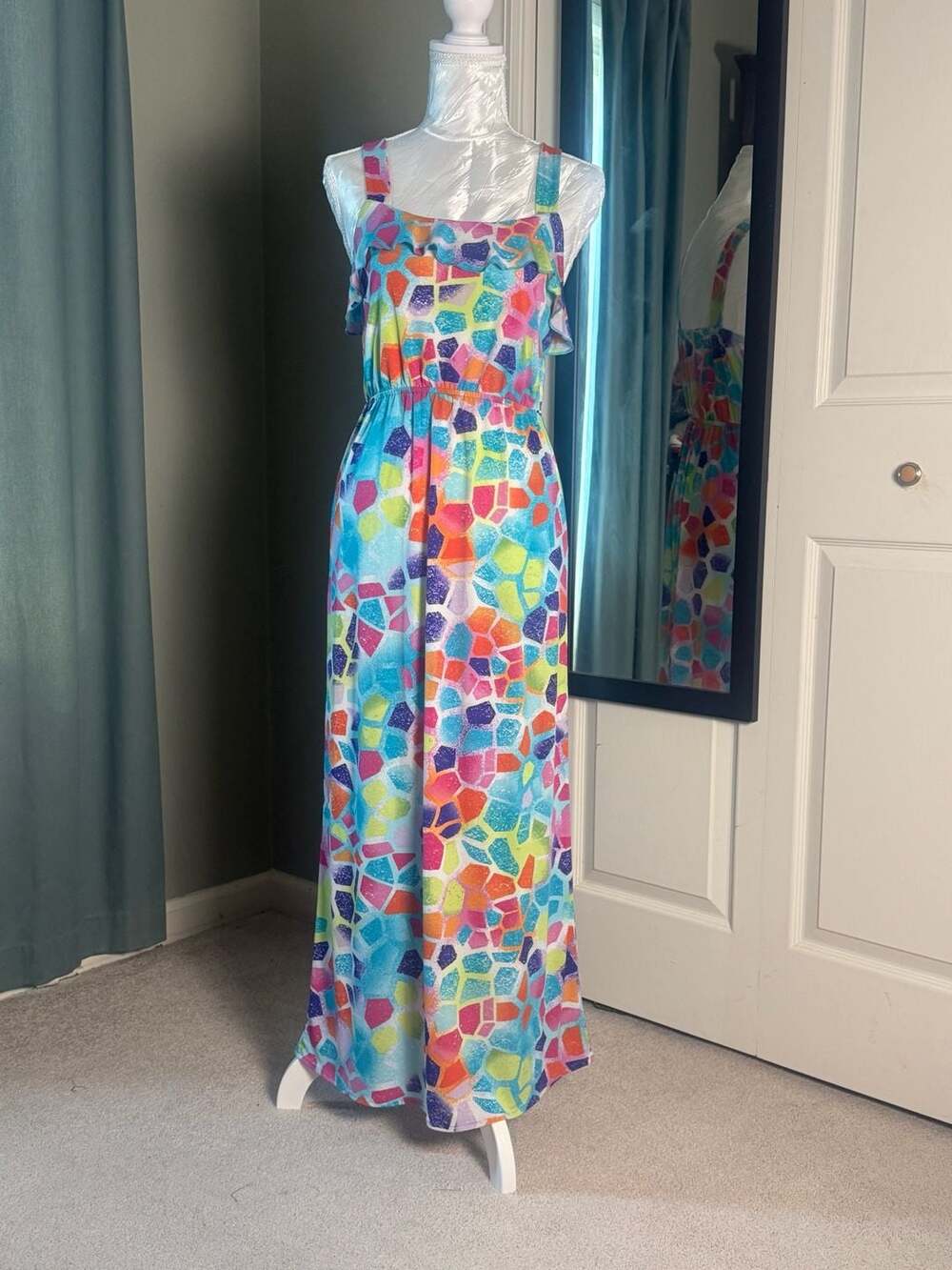 Cato Girls XL 16 Colorful Mosaic Maxi Dress Ruffle Y2K Summer Vacation Beach